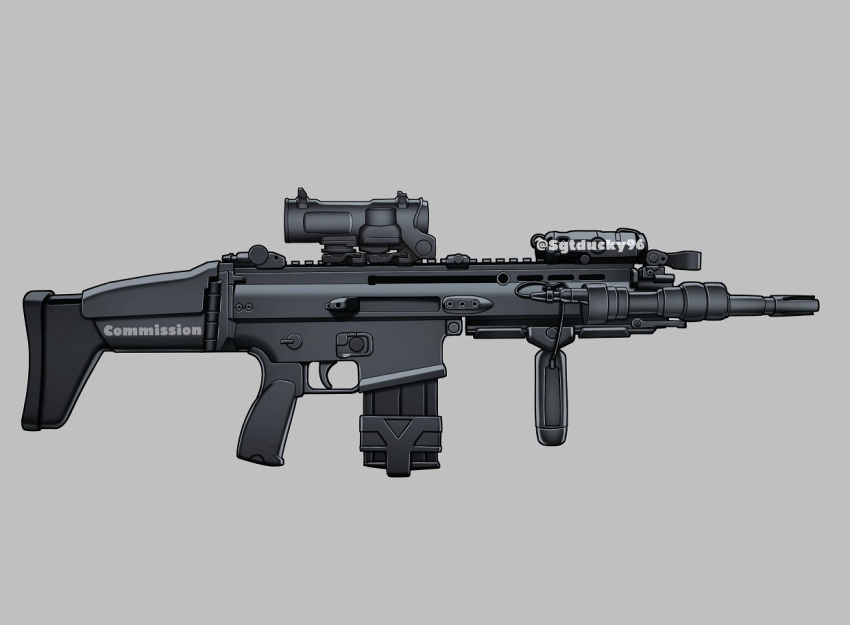 artist_name, battle_rifle, commentary, commission, english_commentary, flashlight, fn_scar_17, folding_stock, foregrip, greyscale, gun, laser_sight, magazine_(weapon), monochrome, no_humans, optical_sight, original, rifle, sgtducky96, shoulder_stock, simple_background, still_life, twitter_username, vertical_foregrip, watermark, weapon, weapon_focus