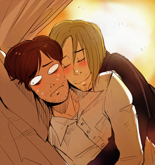 awkward_moment, blonde_hair, blush, brown_hair, closed_eyes, frown, henry_townshend, hug
