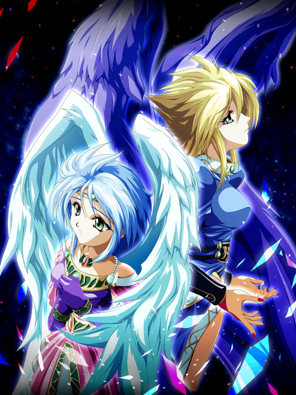 black_wings, blonde_hair, blue_hair, breath_of_fire, breath_of_fire_ii, dress, gloves, green_eyes