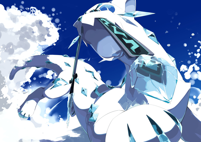absurdres, blue_eyes, bright_pupils, chien-pao, commentary_request, day, highres, kura_(shironagasu02), no_humans, outdoors, pokemon, pokemon_(creature), running, sky, snow, solo, tusks, white_pupils