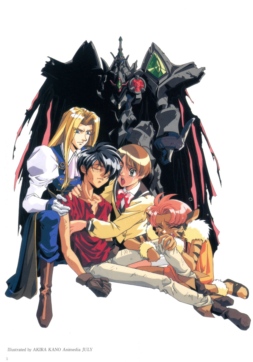 1990s_(style), 2boys, 2girls, :o, absurdres, allen_schezar, animal_ears, artist_name