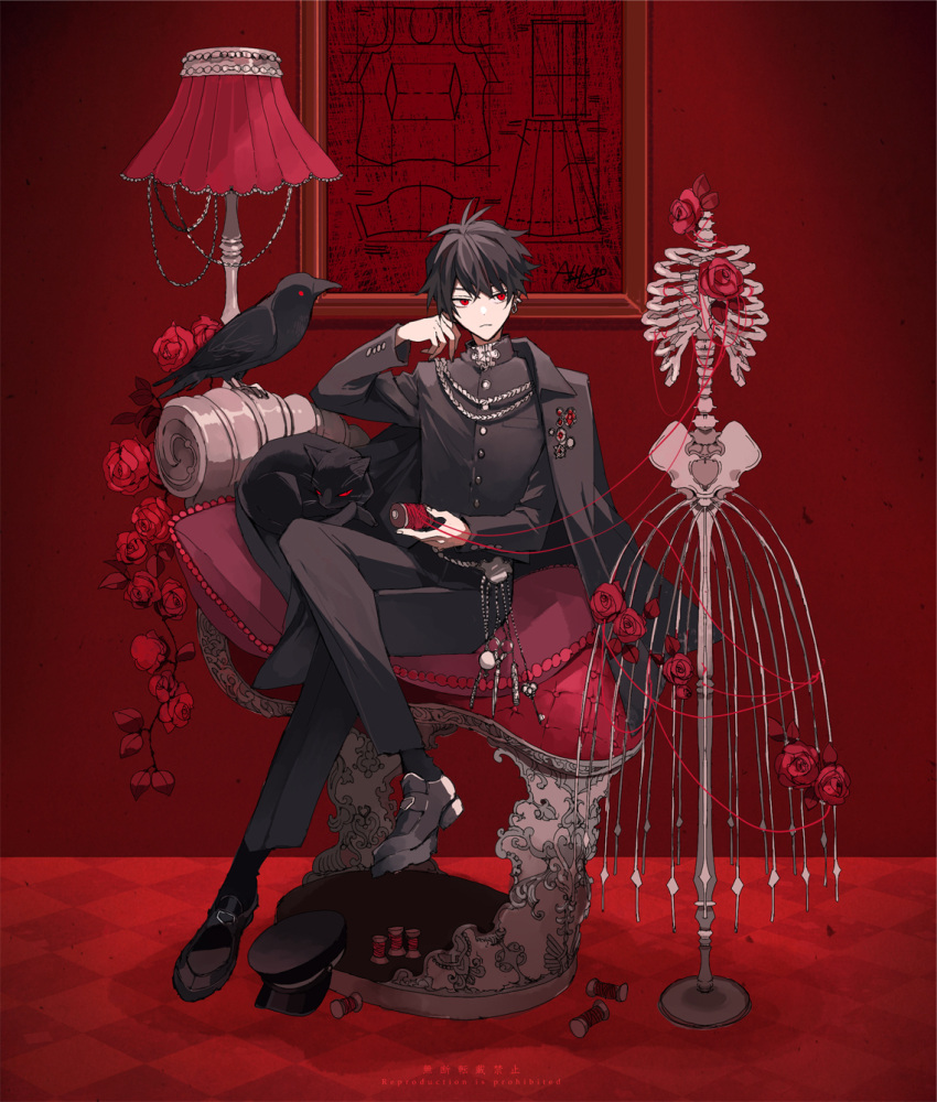 1boy, :<, aiguillette, aki_(abblim), belt, bird, black_cape, black_cat