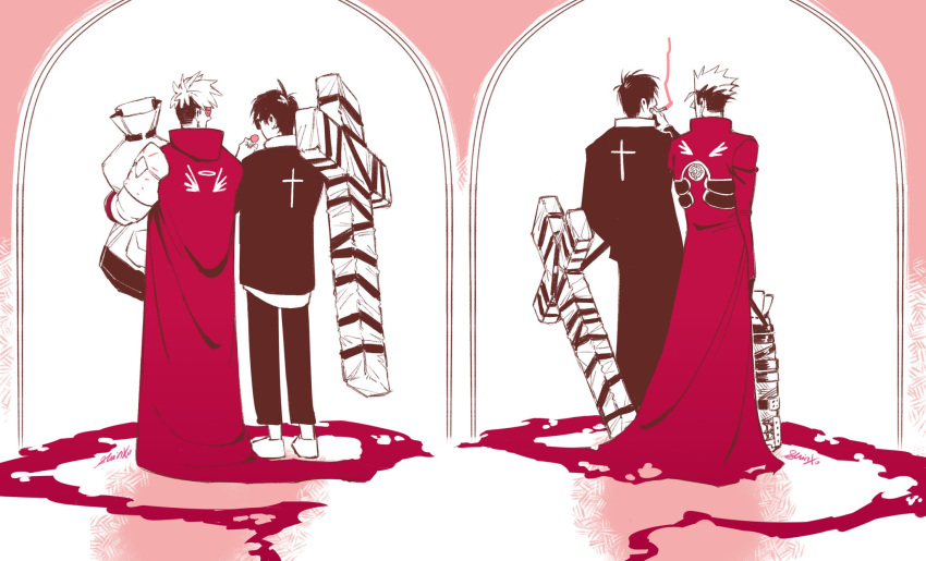 4boys, bag, black_hair, black_jacket, black_pants, candy, cigarette, coat