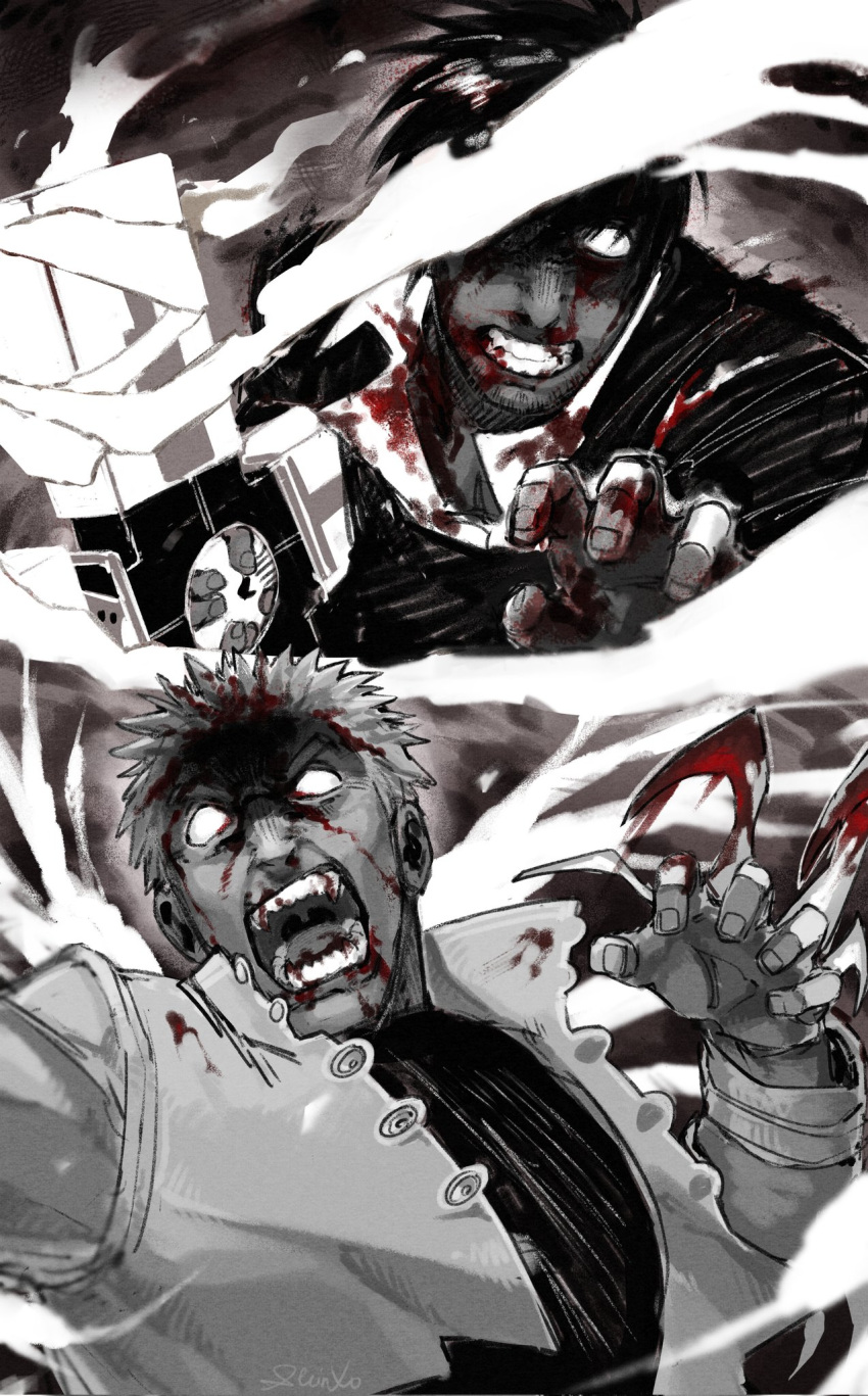 2boys, blank_eyes, blood, blood_on_clothes, blood_on_face, blood_on_hands, clenched_teeth, cross_punisher