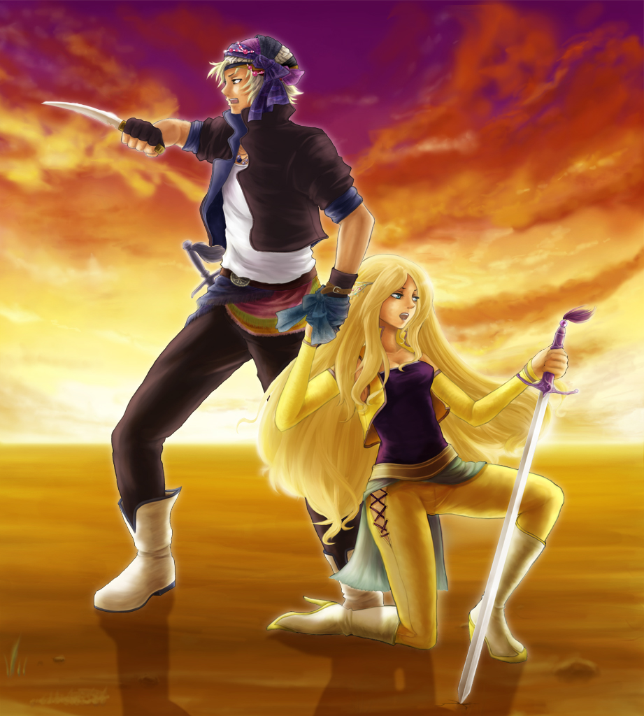 blonde_hair, blue_eyes, boots, celes_chere, deatched_sleeves, detached_sleeves, final_fantasy, final_fantasy_vi, fingerless_gloves, gloves, hair_ornament, harp_(artist), holding_hands, knife, lock_cole, long_hair, sword, vest, weapon
