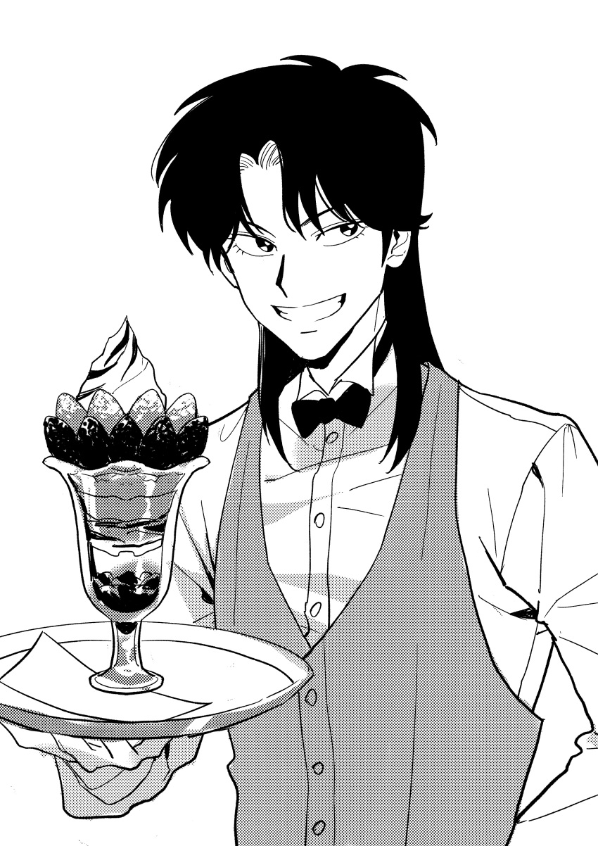 1boy, absurdres, bow, bowtie, buttons, commentary, employee_uniform, food, fruit, greyscale, grin, highres, holding, holding_tray, ichijou_seiya, joukyou_seikatsuroku_ichijou, kaiji, long_hair, long_sleeves, looking_at_viewer, male_focus, monochrome, parfait, parted_bangs, simple_background, smile, solo, strawberry, strawberry_parfait, tray, uniform, upper_body, vest, waiter, xt1125cj