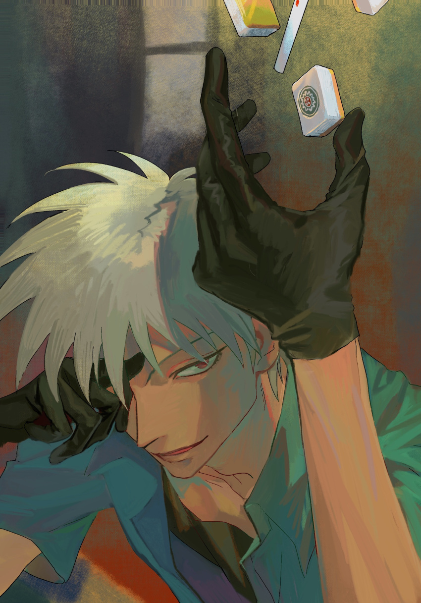 1boy, akagi:_yami_ni_oritatta_tensai, akagi_shigeru, black_gloves, blue_shirt, cigarette, collared_shirt, commentary