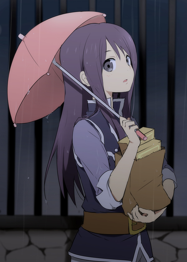 androgynous, bag, belt, black_eyes, black_hair, kl, long_hair, male, paper_bag, rain, solo, tales_of_(series), tales_of_vesperia, tales_of_vesperia:_the_first_strike, trap, umbrella, yuri_lowell