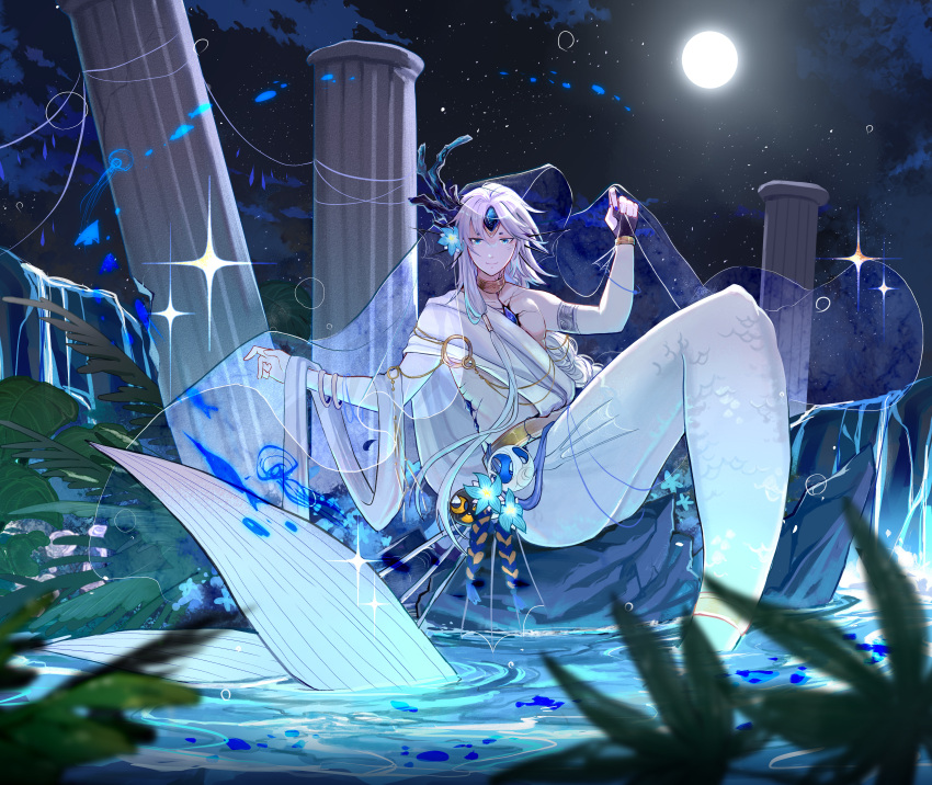 1boy, absurdres, antlers, armlet, avatra, belt, black_gloves, blue_eyes