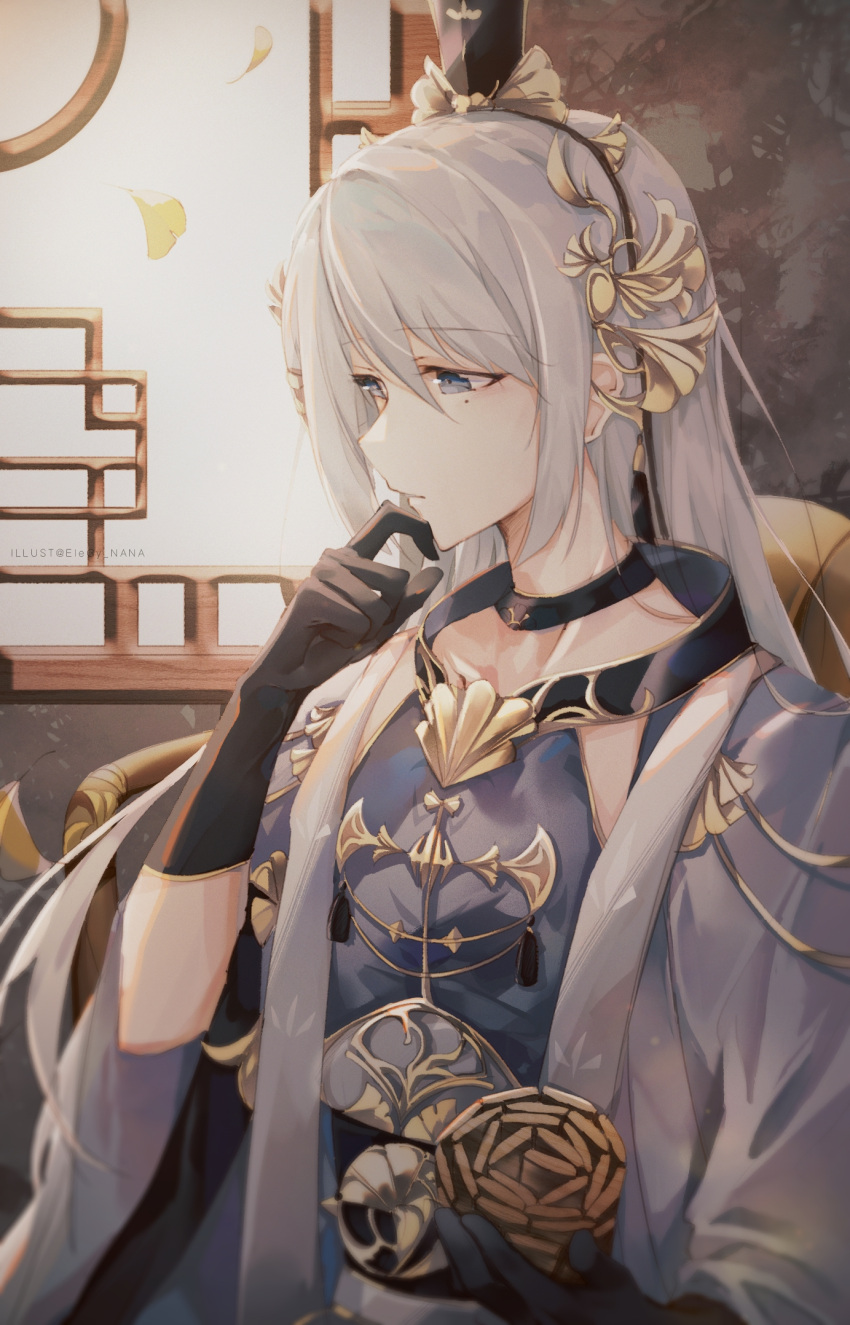 1boy, androgynous, bamboo_scroll, black_choker, black_gloves, black_robe, blue_eyes, candied_ginko_nut_(the_tale_of_food)