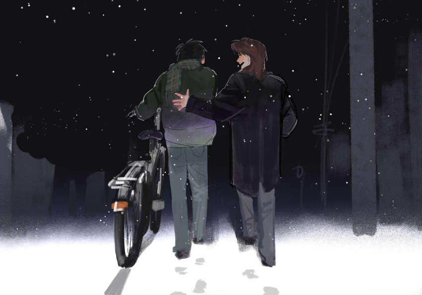 2boys, bicycle, black_coat, black_hair, brown_hair, coat, commentary, footprints