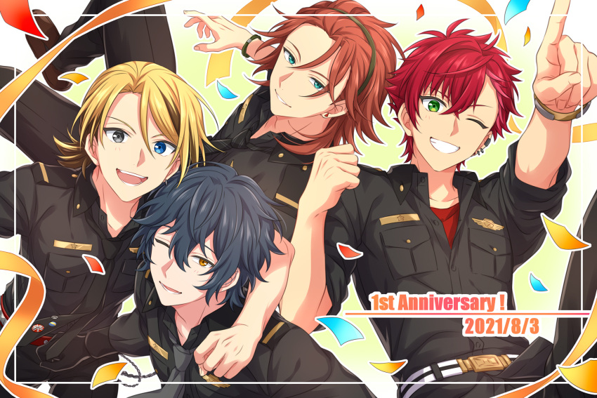 4boys, belt, black_eyes, black_gloves, black_hair, black_shirt, blonde_hair, blue_eyes