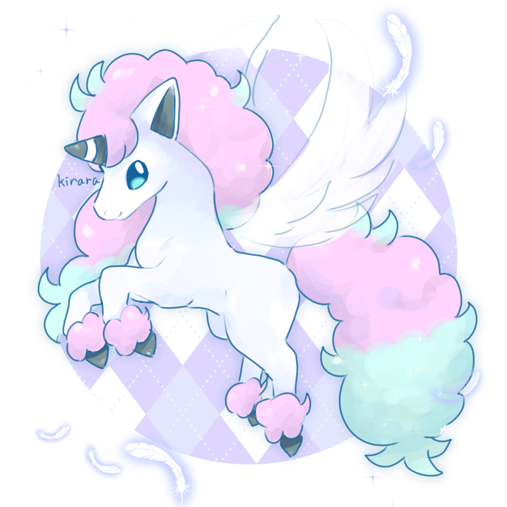 animal_focus, blue_eyes, erminetail, feathers, galarian_ponyta, hooves, horns, horse, multicolored_hair, no_humans, nostrils, pokemon, ponyta, signature, single_horn, sparkle, white_background, white_feathers, white_fur, white_wings, wings, yume_kawaii
