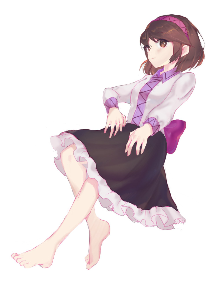 1girl, barefoot, black_skirt, brown_eyes, brown_hair, closed_mouth, commentary_request, frilled_skirt