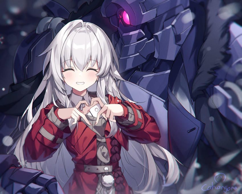 1girl, 1other, armor, belt, blurry, blurry_foreground, clara_(honkai:_star_rail), closed_eyes