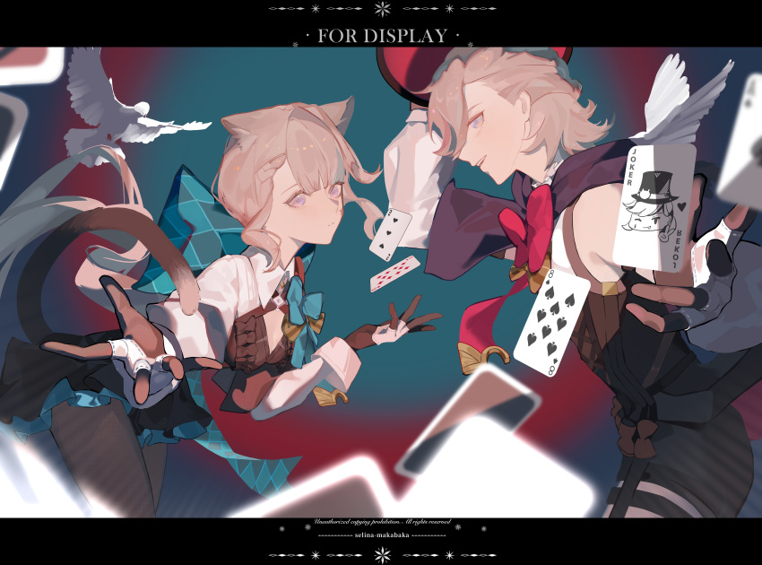 1boy, 1girl, absurdres, animal_ears, back_bow, bird, black_gloves, blonde_hair, blue_bow, bow, brother_and_sister, card, cat_ears, cat_girl, cat_tail, dove, eight_of_spades, facial_mark, genshin_impact, gloves, hat, highres, joker_(card), lynette_(genshin_impact), lyney_(genshin_impact), playing_card, selina-makabaka, siblings, star_(symbol), star_facial_mark, tail, three_of_hearts, top_hat, twins, two-tone_gloves, violet_eyes, white_gloves