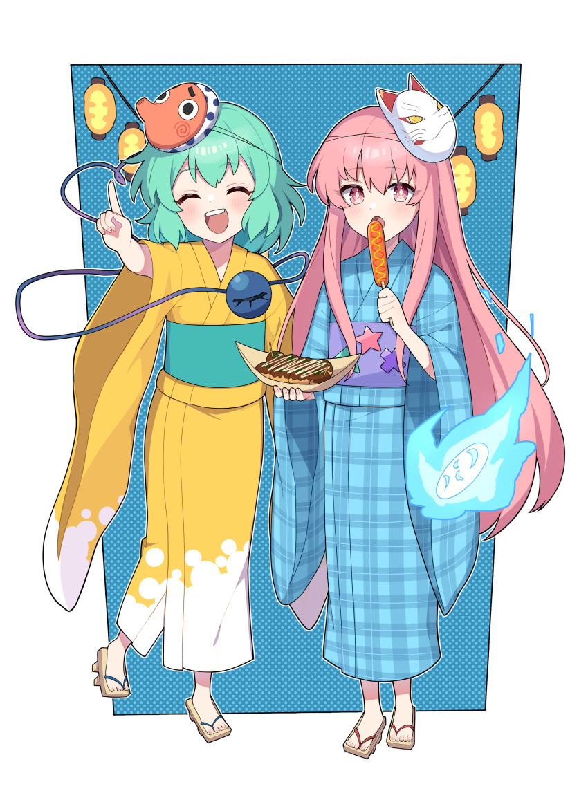 2girls, absurdres, adapted_costume, aqua_kimono, barefoot, blush, closed_eyes, fingernails