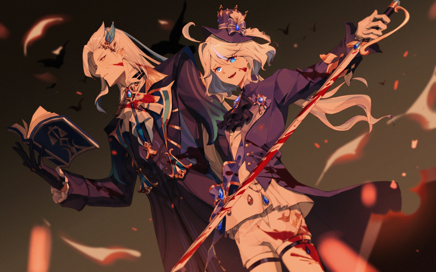 1boy, 1girl, absurdres, ahoge, ascot, black_ascot, black_gloves, blood