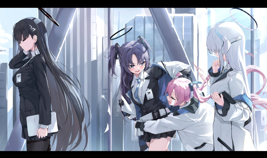 4girls, absurdres, black_gloves, black_hair, black_jacket, blazer, blue_archive, blush