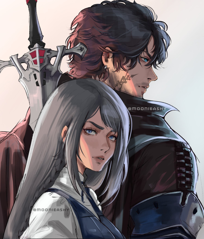 1boy, 1girl, black_cape, black_hair, blue_eyes, cape, clive_rosfield, earrings, facial_hair, facial_tattoo, final_fantasy, final_fantasy_xvi, grey_background, grey_hair, highres, jewelry, jill_warrick, long_hair, moonieashy, parted_lips, short_hair, simple_background, single_earring, sword, sword_on_back, tattoo, twitter_username, upper_body, weapon, weapon_on_back