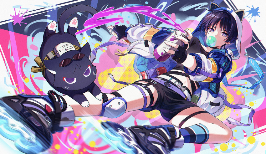 1boy, absurdres, animal_ears, animal_hood, black_cat, black_gloves, black_shirt, black_shorts, blue_jacket, bubble_blowing, cat, chewing_gum, cosplay, crop_top, dual_persona, fake_animal_ears, fcc_(fengcheche), fingerless_gloves, genshin_impact, gloves, highres, honkai:_star_rail, honkai_(series), hood, hood_up, jacket, male_focus, mihoyo, multicolored_clothes, multicolored_jacket, purple_hair, red_eyeliner, scaramouche_(cat)_(genshin_impact), scaramouche_(genshin_impact), shirt, shorts, silver_wolf_(honkai:_star_rail), silver_wolf_(honkai:_star_rail)_(cosplay), solo, thigh_strap, violet_eyes, white_jacket