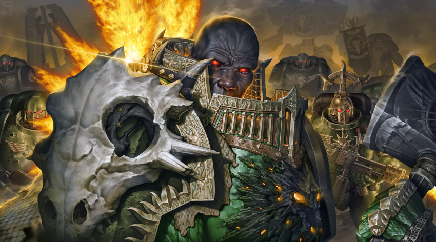 6+boys, absurdres, adeptus_astartes, armor, bald, black_skin, breastplate, broken_horns, colored_sclera, colored_skin, dark_skin, dated, dragon_horns, fire, flamethrower, gauntlets, glowing, glowing_eyes, gorget, green_armor, hammer, highres, hinchel_or, holding, holding_weapon, horns, imperial_knight, lost_primarchs, multiple_boys, no_pupils, ornate, ornate_armor, pauldrons, power_armor, primarch, red_eyes, red_sclera, salamanders, shoulder_armor, signature, skull, vulkan, war_hammer, warhammer_40k, weapon