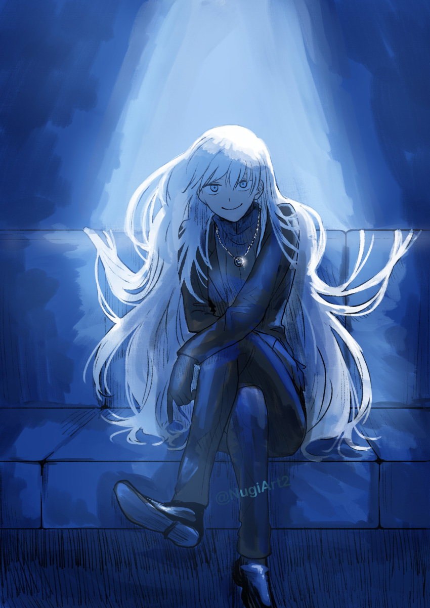 1girl, absurdres, angelica_(library_of_ruina), black_footwear, black_gloves, black_pants, black_sweater, blue_eyes