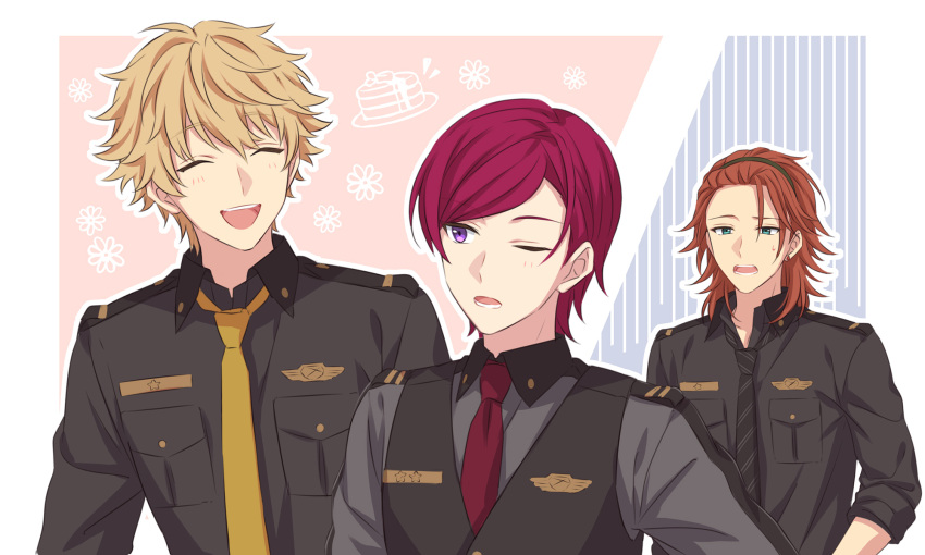 3boys, black_shirt, black_vest, blonde_hair, blush, breast_pocket, brown_hair, collared_shirt