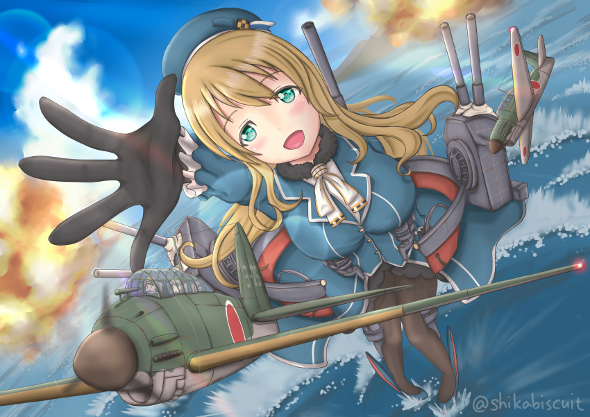 4girls, absurdres, aircraft, airplane, atago_(kancolle), black_gloves, black_pantyhose, blonde_hair