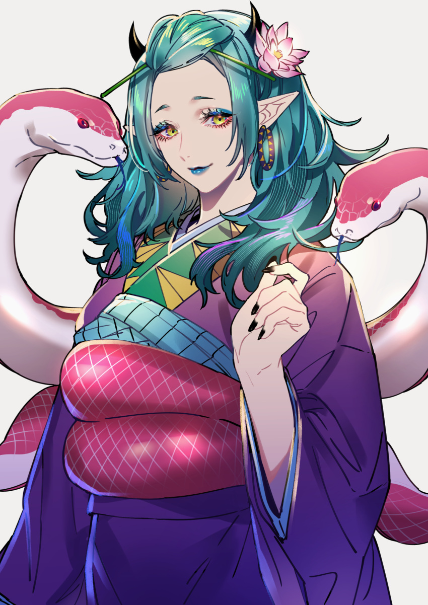 1girl, aqua_hair, aqua_lips, black_horns, black_nails, demon, demon_girl, earrings