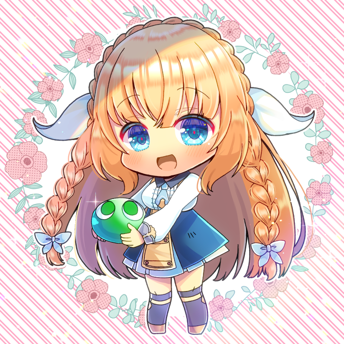 1girl, :d, black_socks, blonde_hair, blue_eyes, blue_skirt, blush, braid