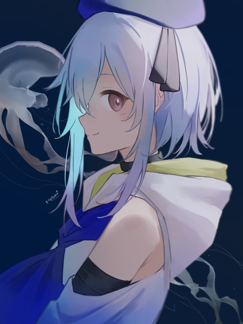 1boy, absurdres, arknights, bare_shoulders, beret, blue_background, blue_hair, blush