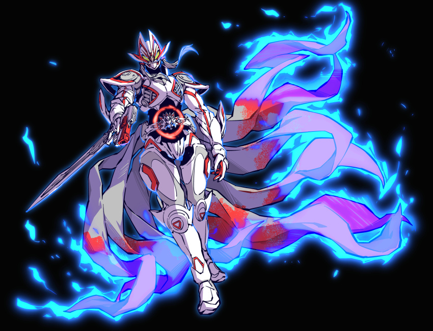 1boy, absurdres, adapted_costume, armor, black_background, blue_fire, boost_mark_ix_buckle, cape
