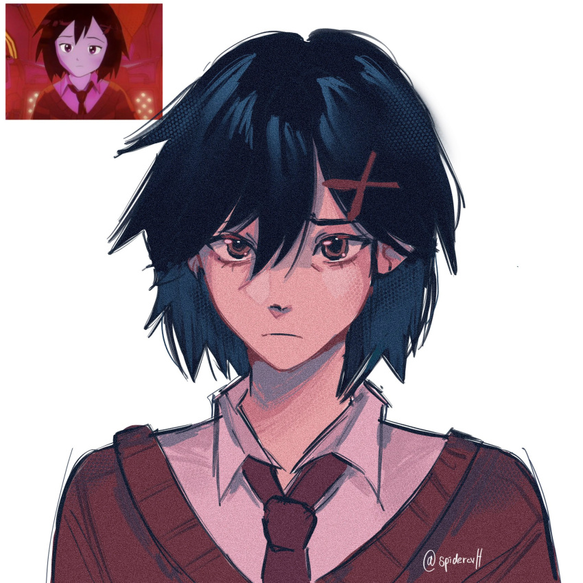 artist_name, black_hair, brown_eyes, close-up, closed_mouth, depressed, dress_shirt, frown
