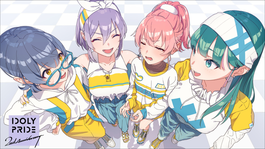 4girls, absurdres, akazaki_kokoro, alternate_hairstyle, blush, glasses, green_hair, grey_hair