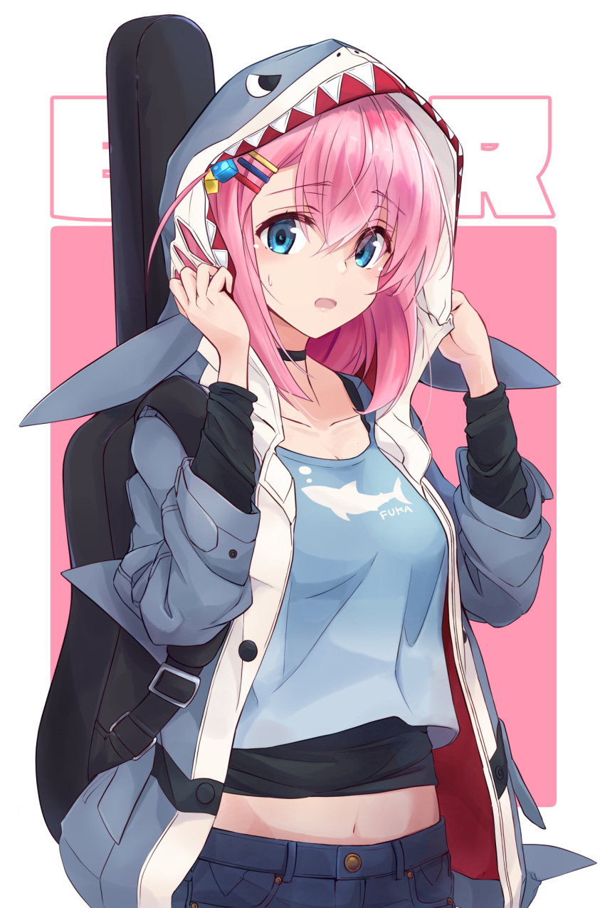 1girl, animal_hood, black_sweater, blue_eyes, blue_pants, blue_shirt, bocchi_the_rock!, breasts