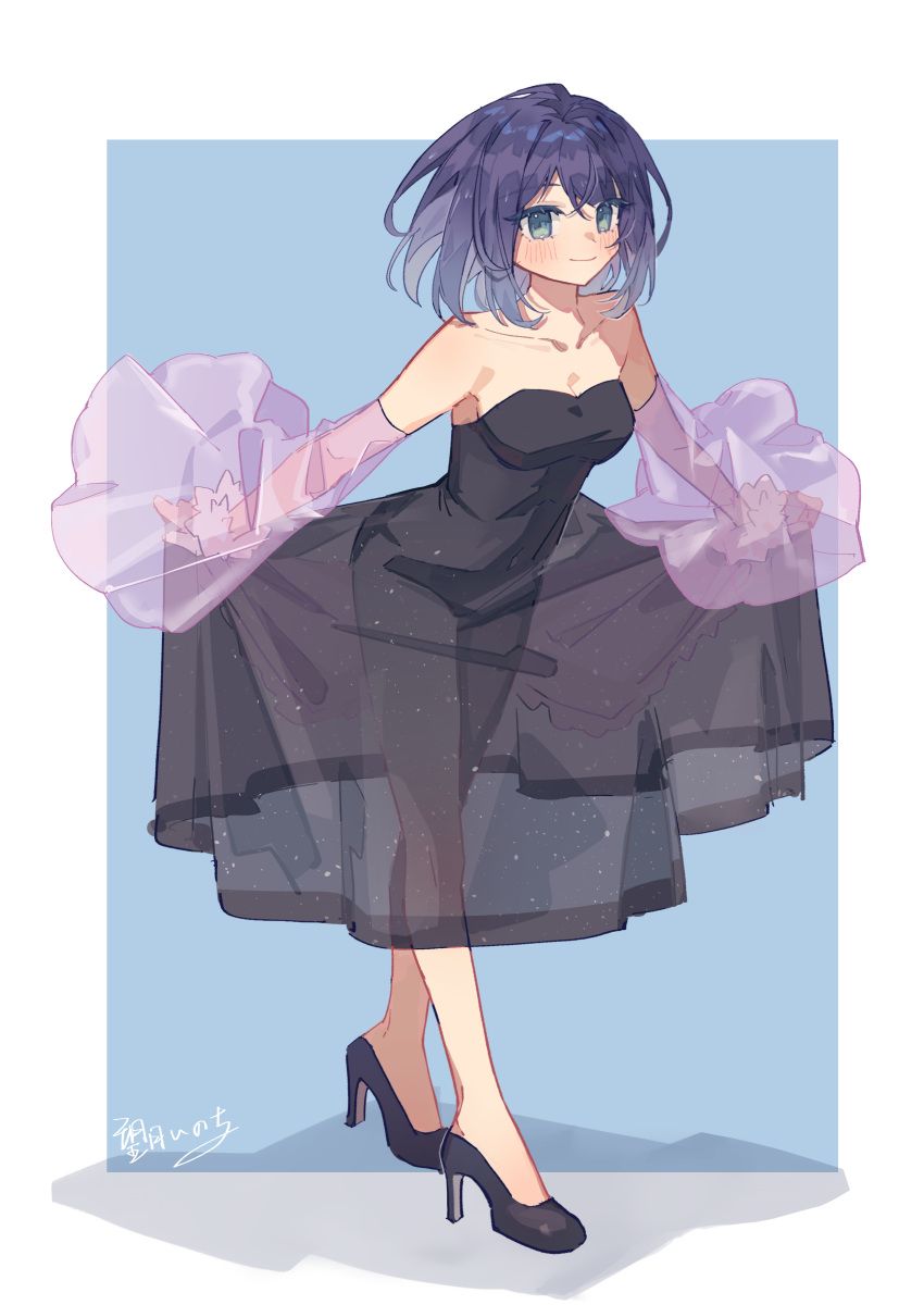 1girl, absurdres, alisky, black_dress, black_footwear, blue_eyes, blue_hair, collarbone, curtsey, detached_sleeves, dress, glitter_dress, high_heels, highres, kurokawa_akane, medium_hair, oshi_no_ko, purple_sleeves, signature, solo, stiletto_heels