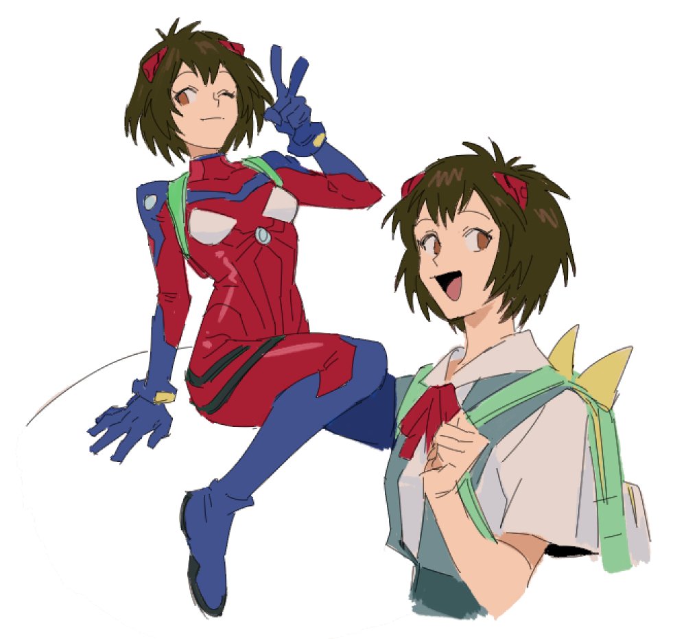 1girl, :d, adapted_costume, aqua_skirt, backpack, bag, black_hair, blue_bodysuit, bodysuit, breasts, brown_eyes, closed_mouth, commentary, cropped_torso, dress_shirt, english_commentary, eyelashes, full_body, green_bag, hand_up, holding_strap, interface_headset, knees_together_feet_apart, light_smile, looking_at_viewer, looking_back, marvel, multiple_views, neon_genesis_evangelion, one_eye_closed, open_mouth, peni_parker, pilot_suit, plugsuit, red_bodysuit, rivaeri, school_uniform, shirt, short_hair, short_sleeves, simple_background, sitting, skirt, small_breasts, smile, solo_focus, spider-man:_across_the_spider-verse, spider-man_(series), standing, suspender_skirt, suspenders, tokyo-3_middle_school_uniform, two-tone_bodysuit, v, white_background, white_shirt