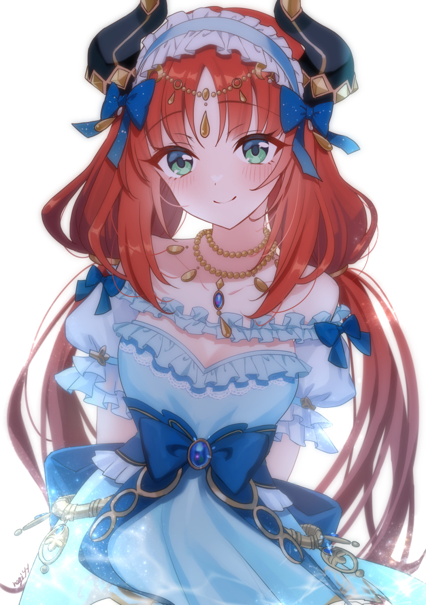 1girl, aonegi, aqua_eyes, arms_behind_back, bare_shoulders, blue_bow, blue_dress, blush