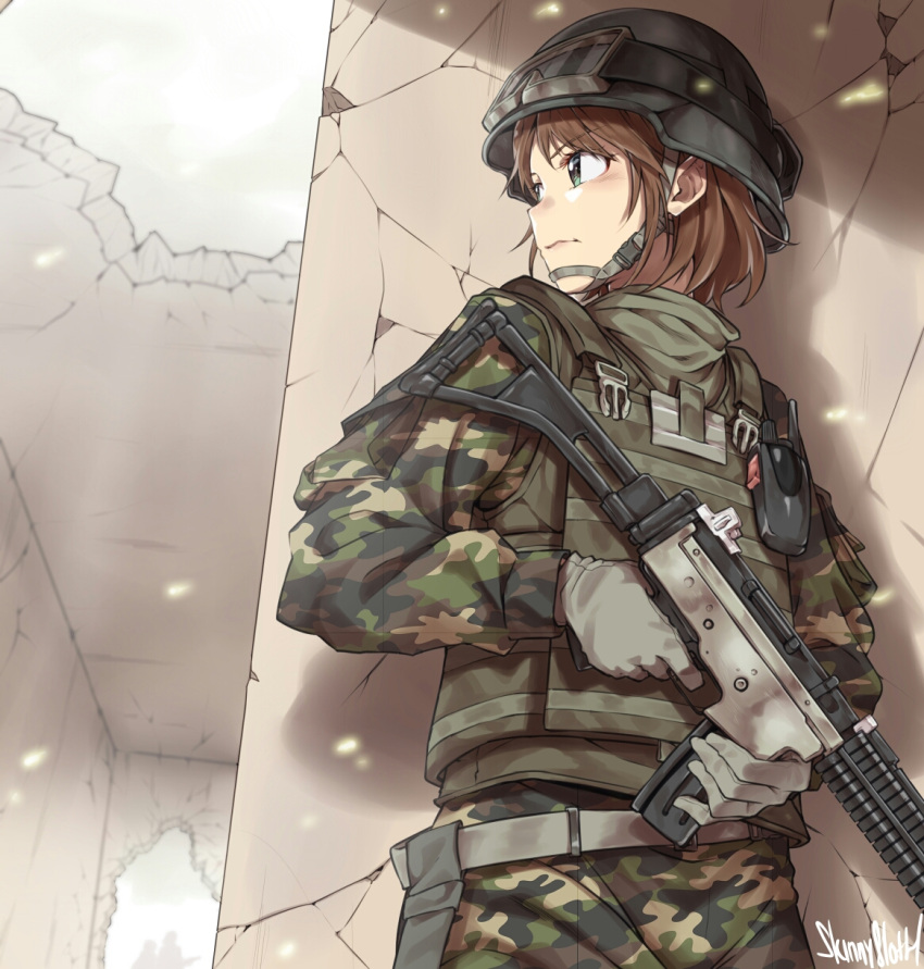 1girl, belt, brown_hair, bulletproof_vest, camouflage, camouflage_jacket, camouflage_pants, combat_helmet