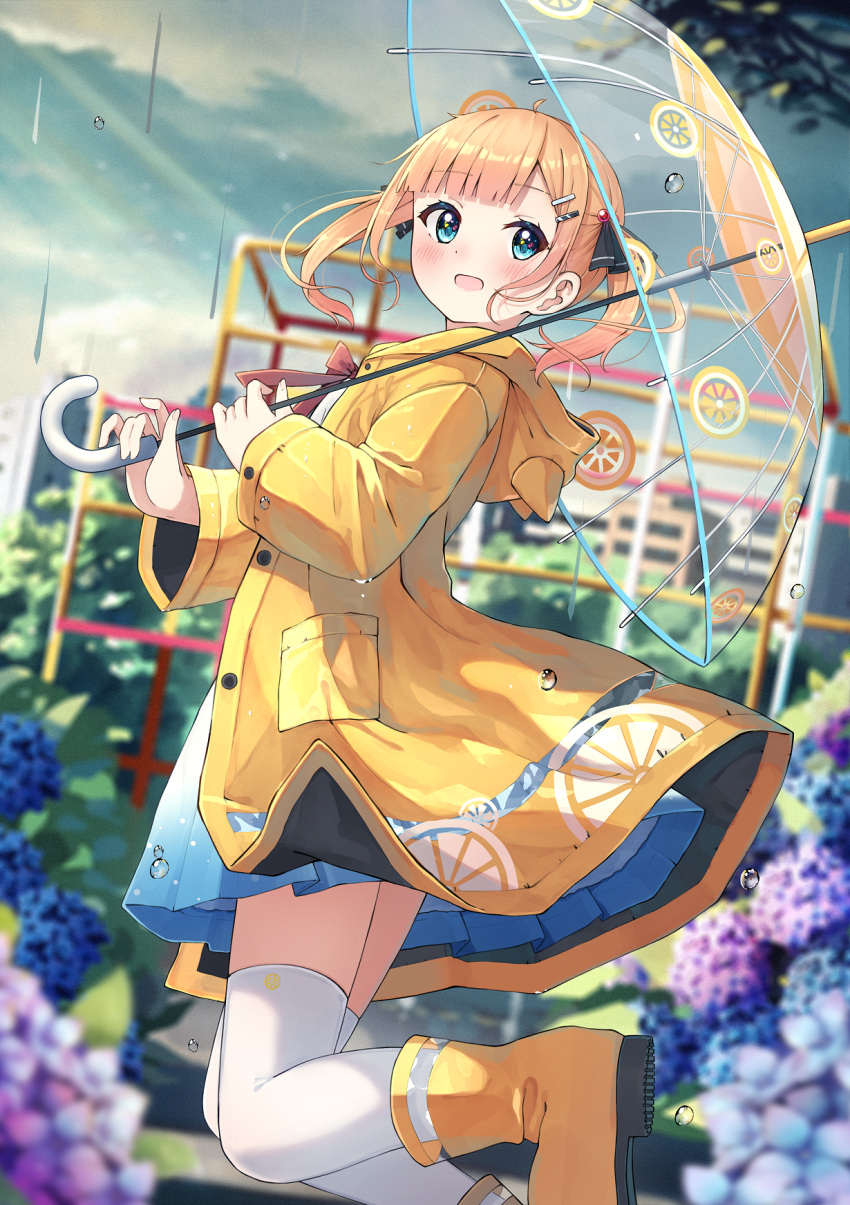 1girl, :d, animal_ears, animal_hood, blonde_hair, blue_dress, blue_eyes, blue_flower