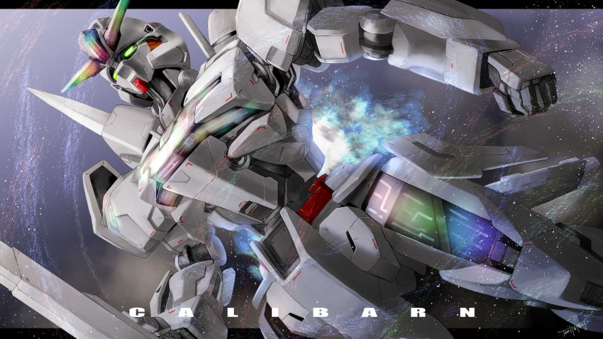 beam_cannon, character_name, commentary, energy_cannon, english_text, exhaust, green_eyes, gundam