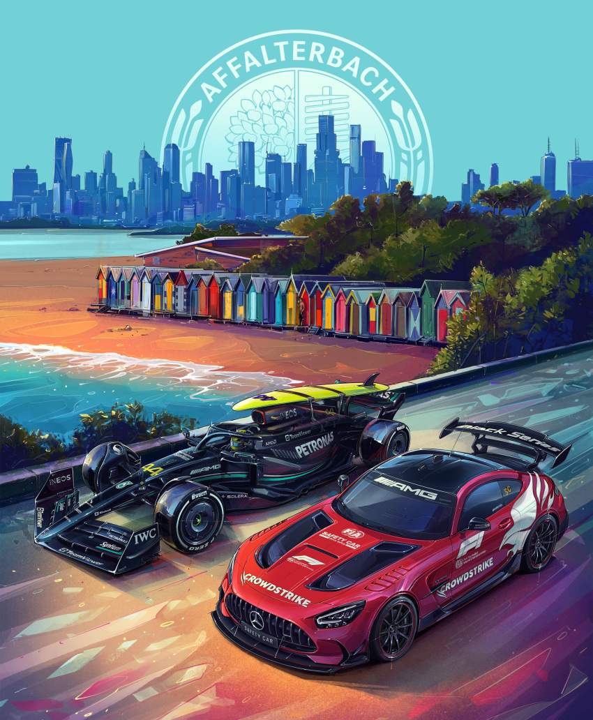 1boy, 2023, absurdres, andrew_mytro, beach, car, city, driving, english_commentary, forest, formula_one, highres, lewis_hamilton, melbourne, mercedes-benz, mercedes-benz_amg_gt, motor_vehicle, nature, ocean, official_art, promotional_art, race_vehicle, racecar, real_life, spoiler_(automobile), sports_car, stitched, tree, vehicle_focus, water