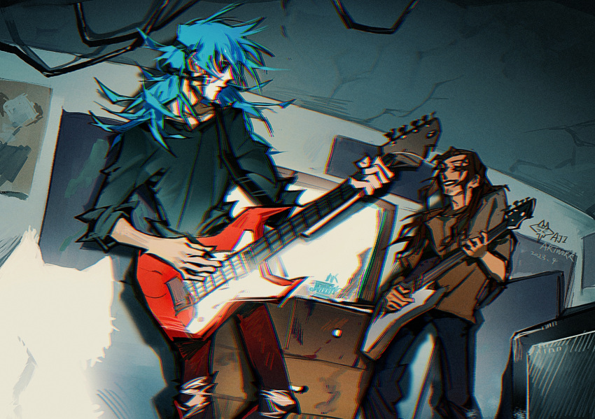 2023, 2boys, black_shirt, blue_hair, brown_hair, brown_shirt, chinese_commentary, closed_eyes, dark-skinned_male, dark_skin, denim, groongloon, guitar, highres, holding, holding_instrument, instrument, jeans, larry_johnson, long_hair, male_focus, mask, mirror, multiple_boys, music, open_mouth, pants, playing_instrument, sal_fisher, sally_face, shirt, signature, t-shirt