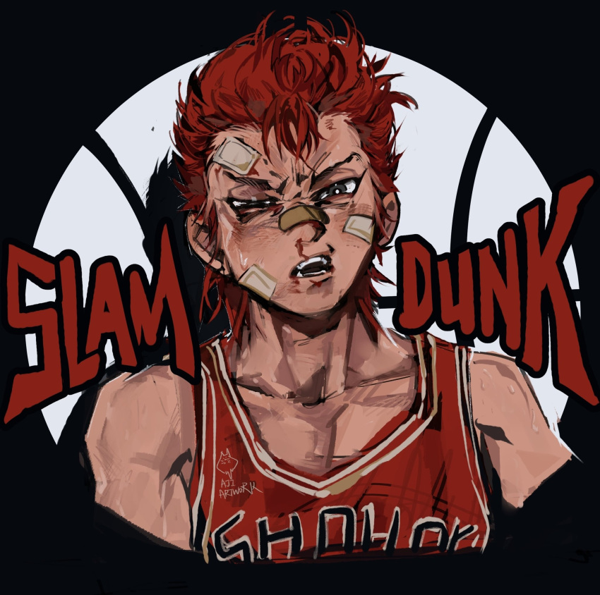 1boy, bandage_on_face, bandages, bandaid, bandaid_on_face, bandaid_on_nose, basketball_uniform, black_background