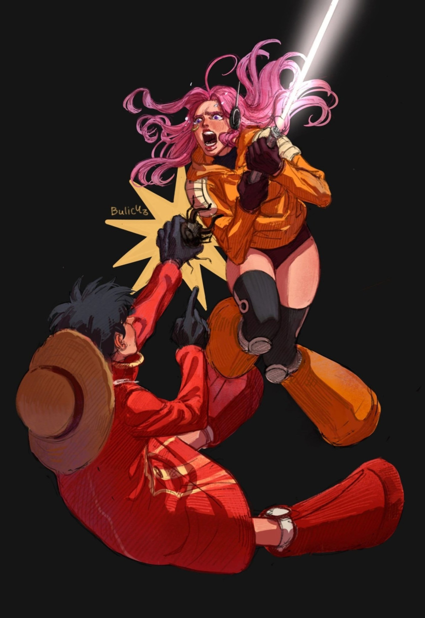 1boy, 1girl, artist_name, black_background, black_gloves, black_hair, blush, bodysuit, bulic-h, full_body, gloves, hat, hat_removed, headphones, headwear_removed, highres, holding, holding_sword, holding_weapon, jewelry_bonney, lipstick, long_hair, makeup, monkey_d._luffy, one_piece, open_mouth, pink_hair, short_hair, straw_hat, sword, weapon