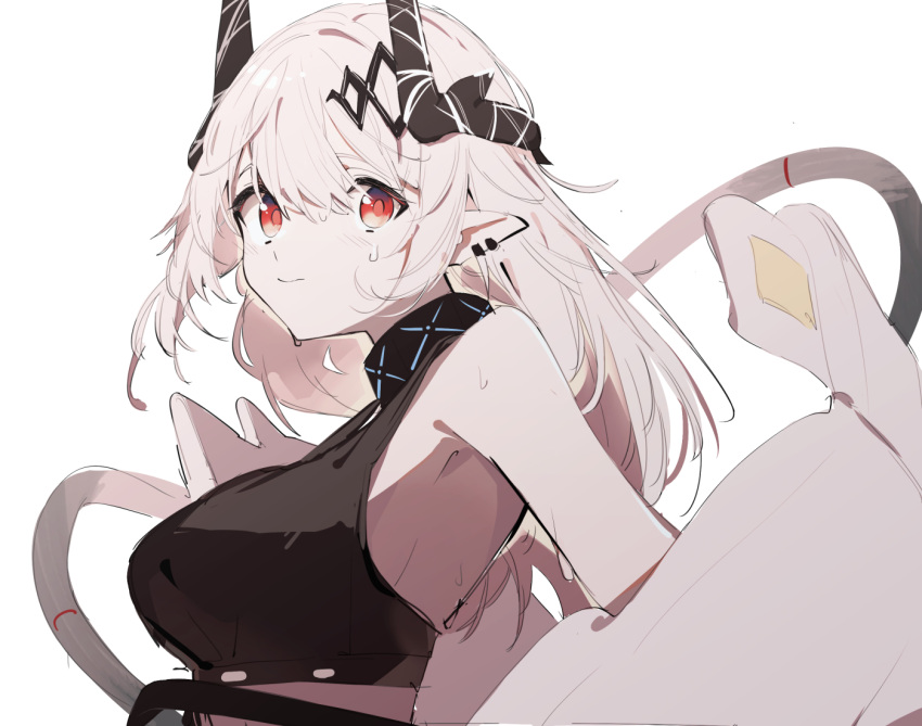 1girl, arknights, bare_shoulders, black_tank_top, choker, closed_mouth, earclip, from_side