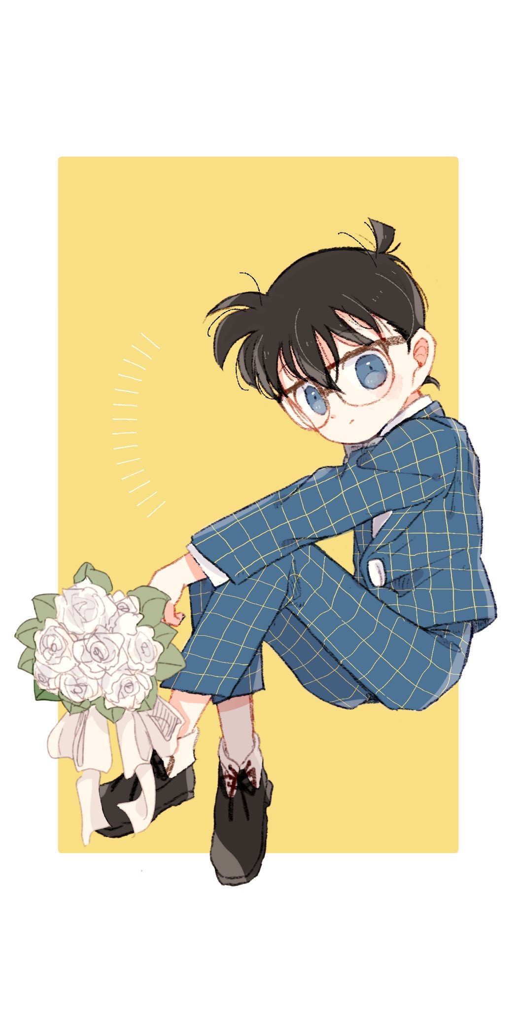 1boy, black_footwear, bouquet, bow, bowtie, closed_mouth, edogawa_conan, flower