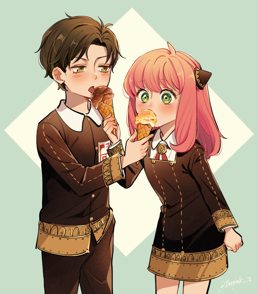1boy, 1girl, anya_(spy_x_family), black_dress, black_hair, black_pants, black_shirt, blush, commentary, damian_desmond, dress, eating, eden_academy_school_uniform, female_child, food, gold_trim, green_eyes, hair_ornament, hairpods, highres, holding, holding_food, ice_cream, long_sleeves, male_child, pants, pink_hair, school_uniform, sharing_food, shirt, shupink, simple_background, spy_x_family, uniform