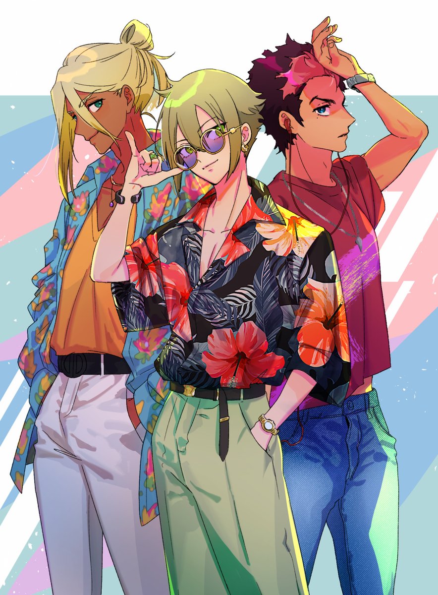 3boys, akikoke, arm_up, averting_eyes, belt, belt_buckle, black_belt, blonde_hair